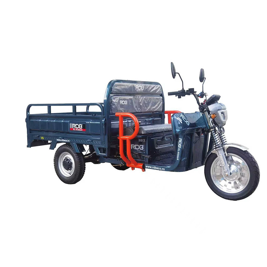 Triciclu electric RDB XL-Klass4, vedere laterala dreapta &ndash; scaun, bare de protectie portocalii si far frontal